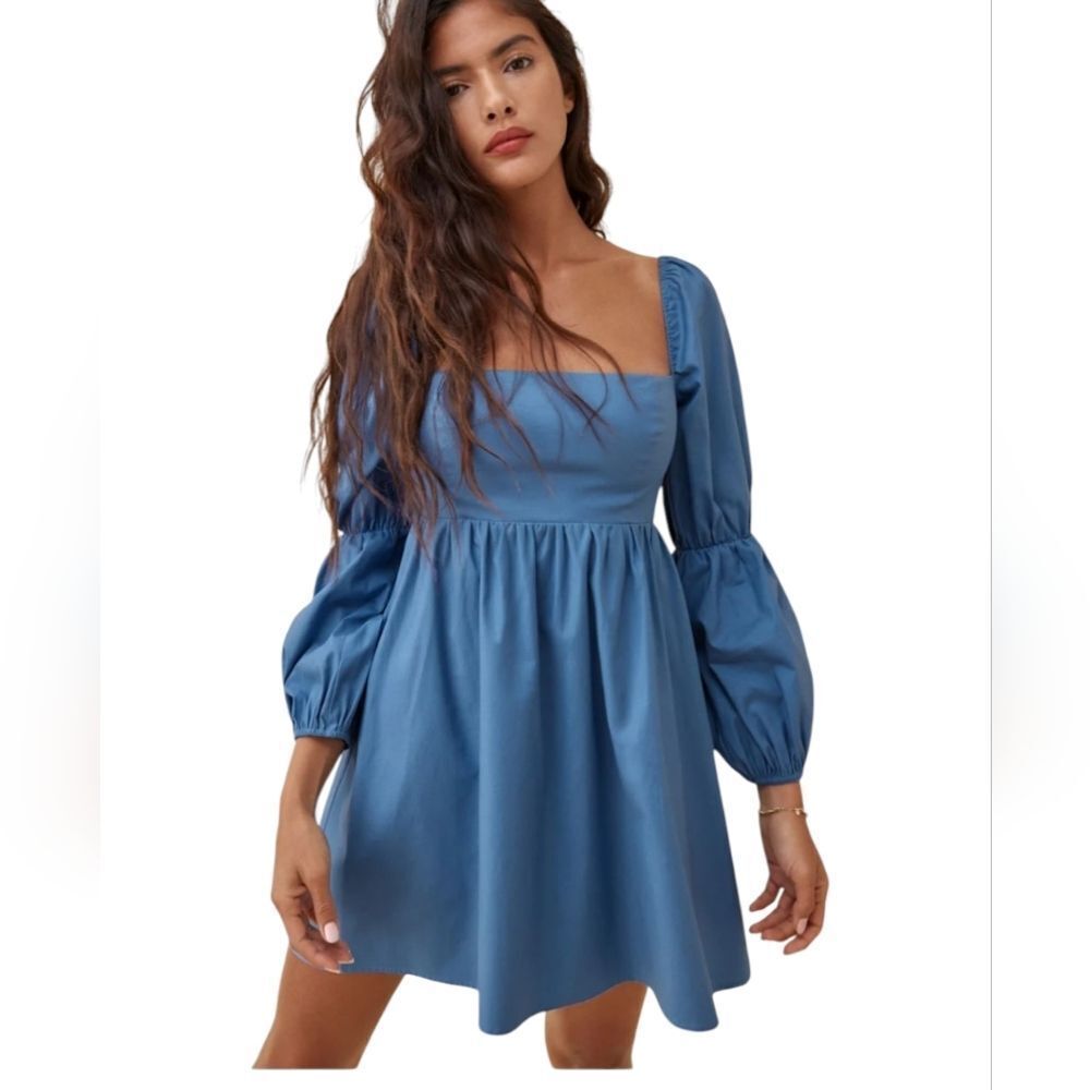 Reformation Michaela Dress square neck mini dress Puff Long Sleeve Blue Size 10
